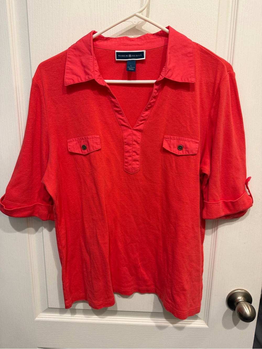 Karen Scott Women’s Large Red 100% Cotton Collared Pullover Roll-Tab Top